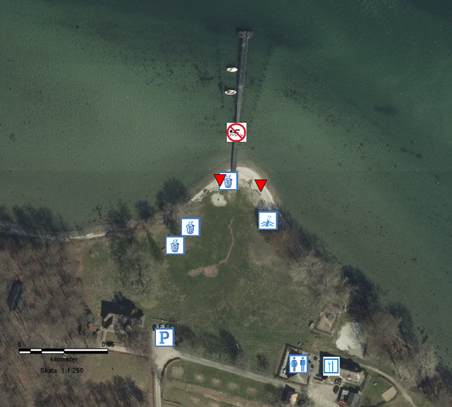 Her ser du en oversigt over de forskellige steder ved stranden.