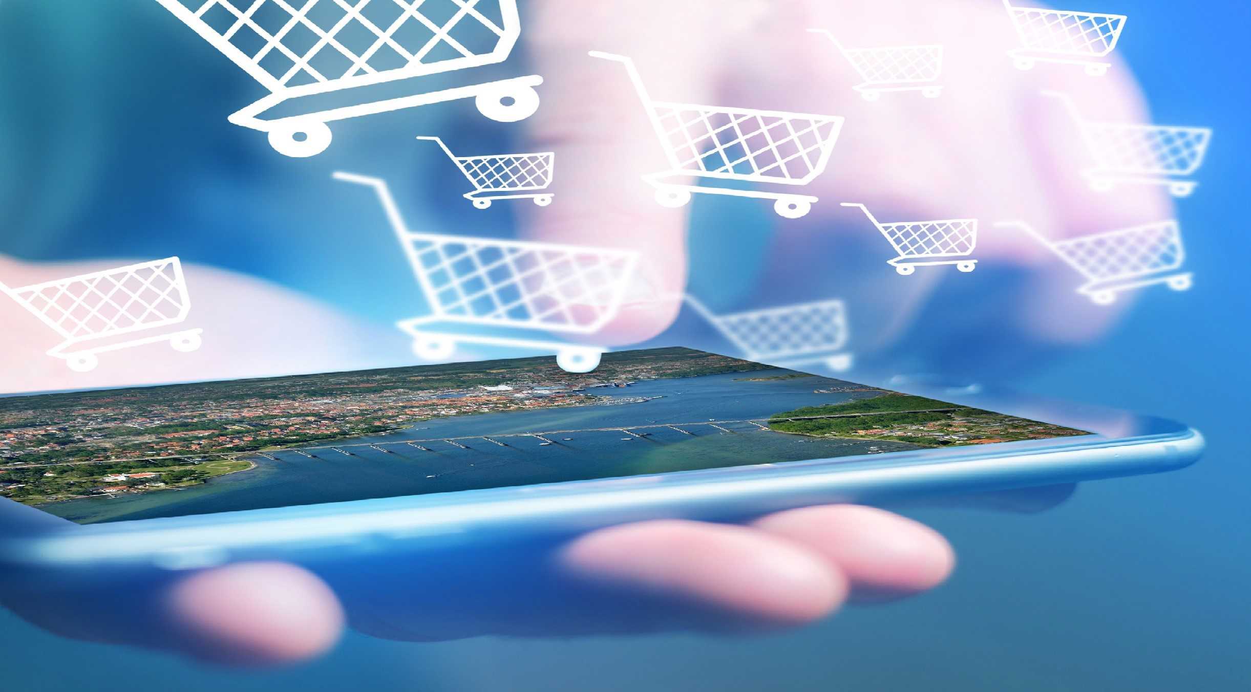 iPad med billede over Svendborg, indkøbsvogne