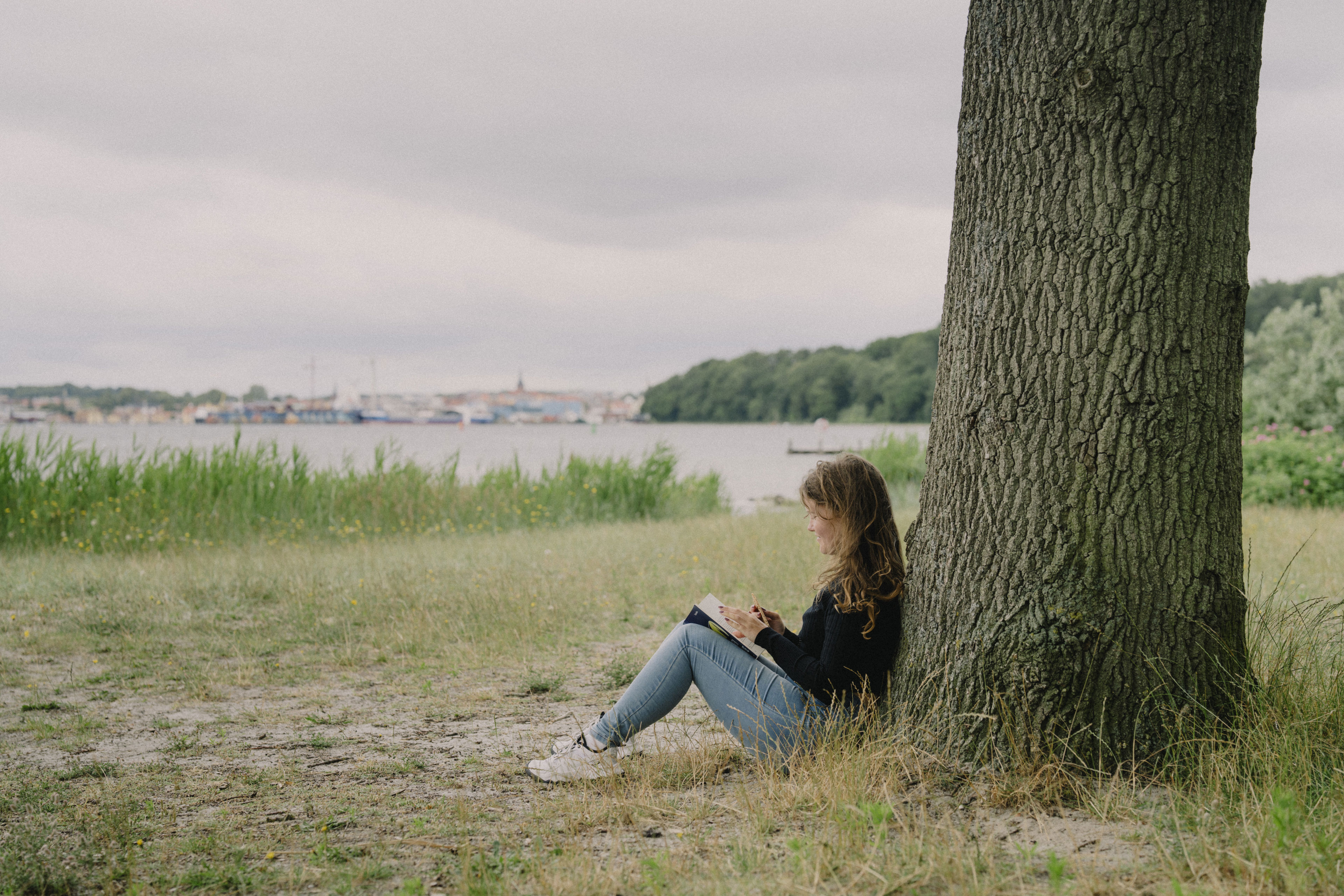 Pige sidder op ad træ og læser bog - i baggrunden Svendborg By set fra vandsiden