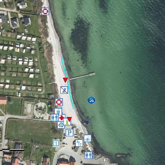 Her ser du en oversigt over de forskellige steder ved stranden.