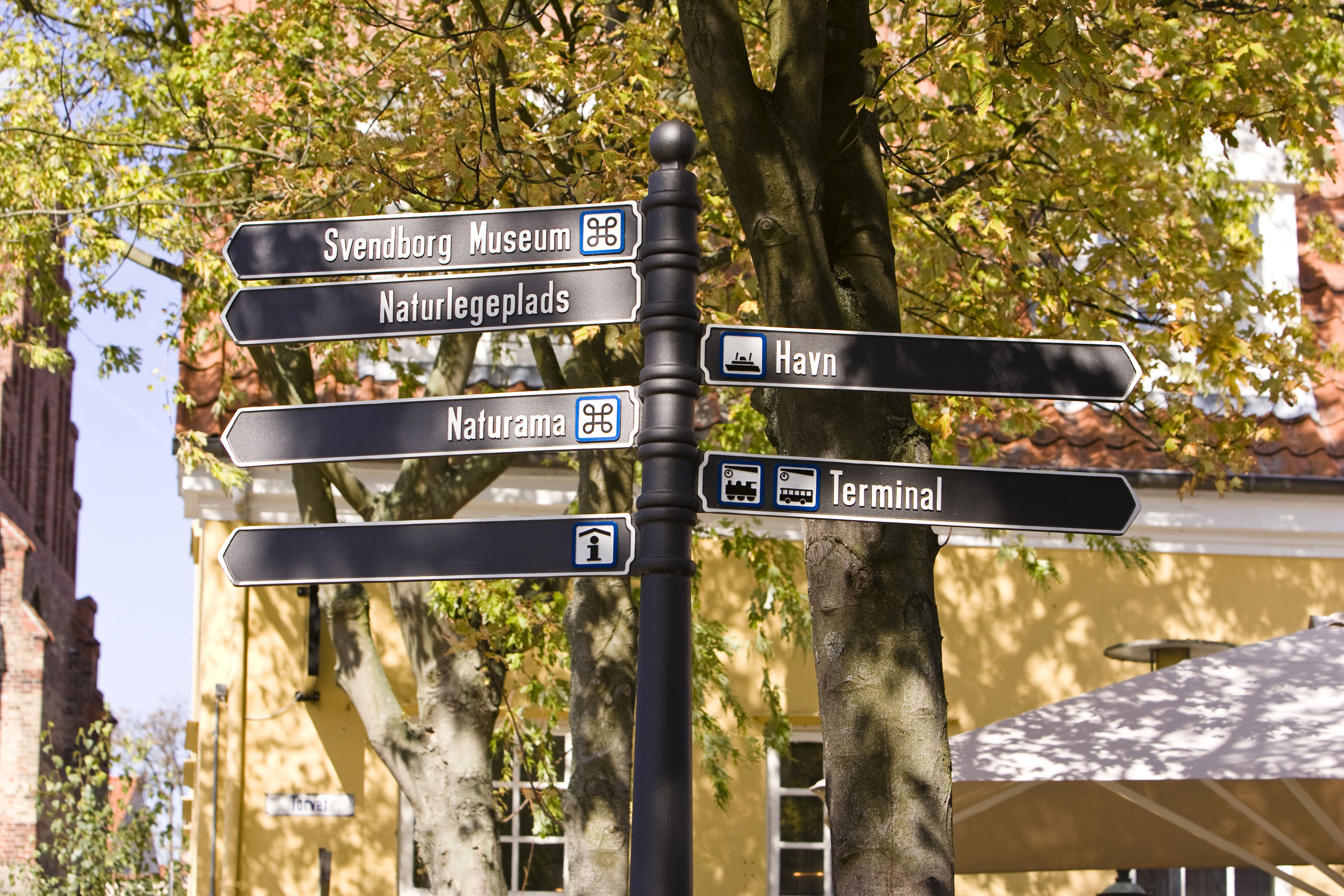 Vejskilt i Svendborg Midtby der viser til attraktioner