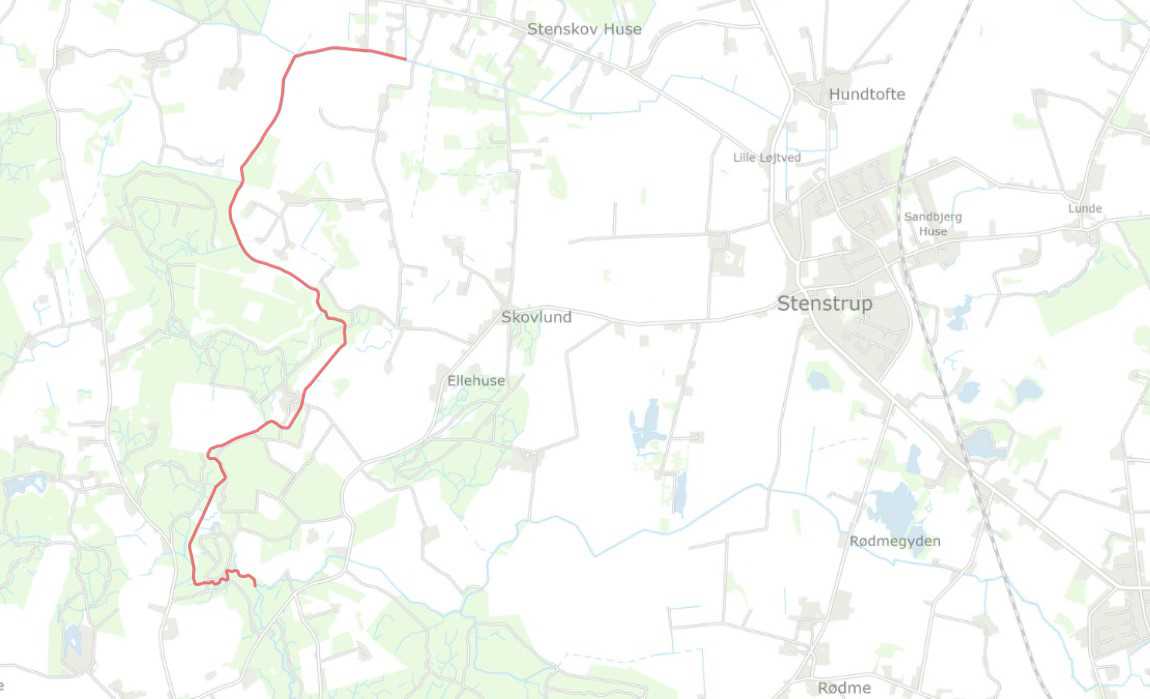 Projektstrækningen vest for Stenstrup vist på skærmkort
