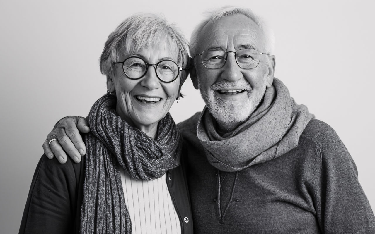 Sort og hvidt billede af et ældre par, der står tæt sammen