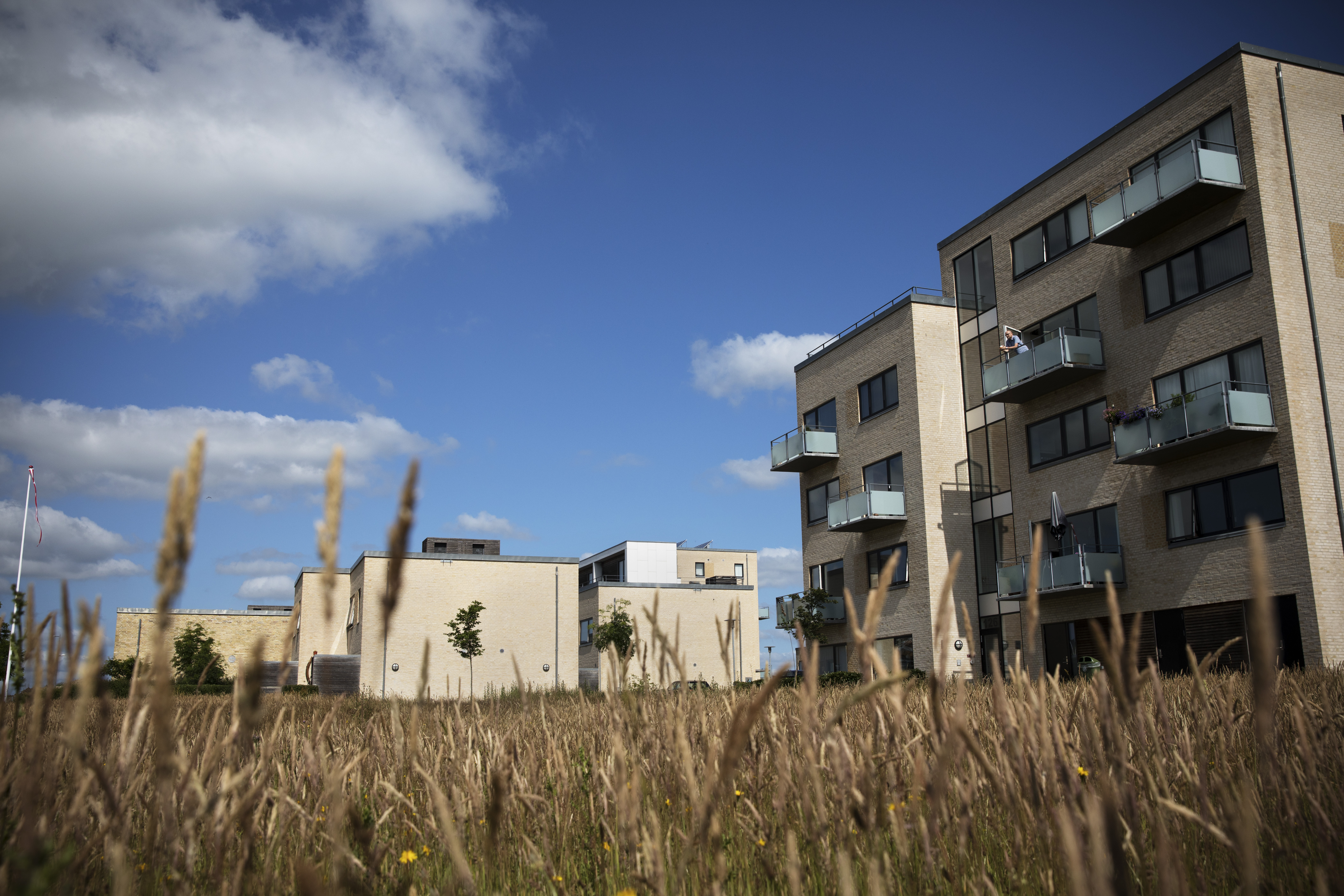 Høje huse med græs i forgrunden