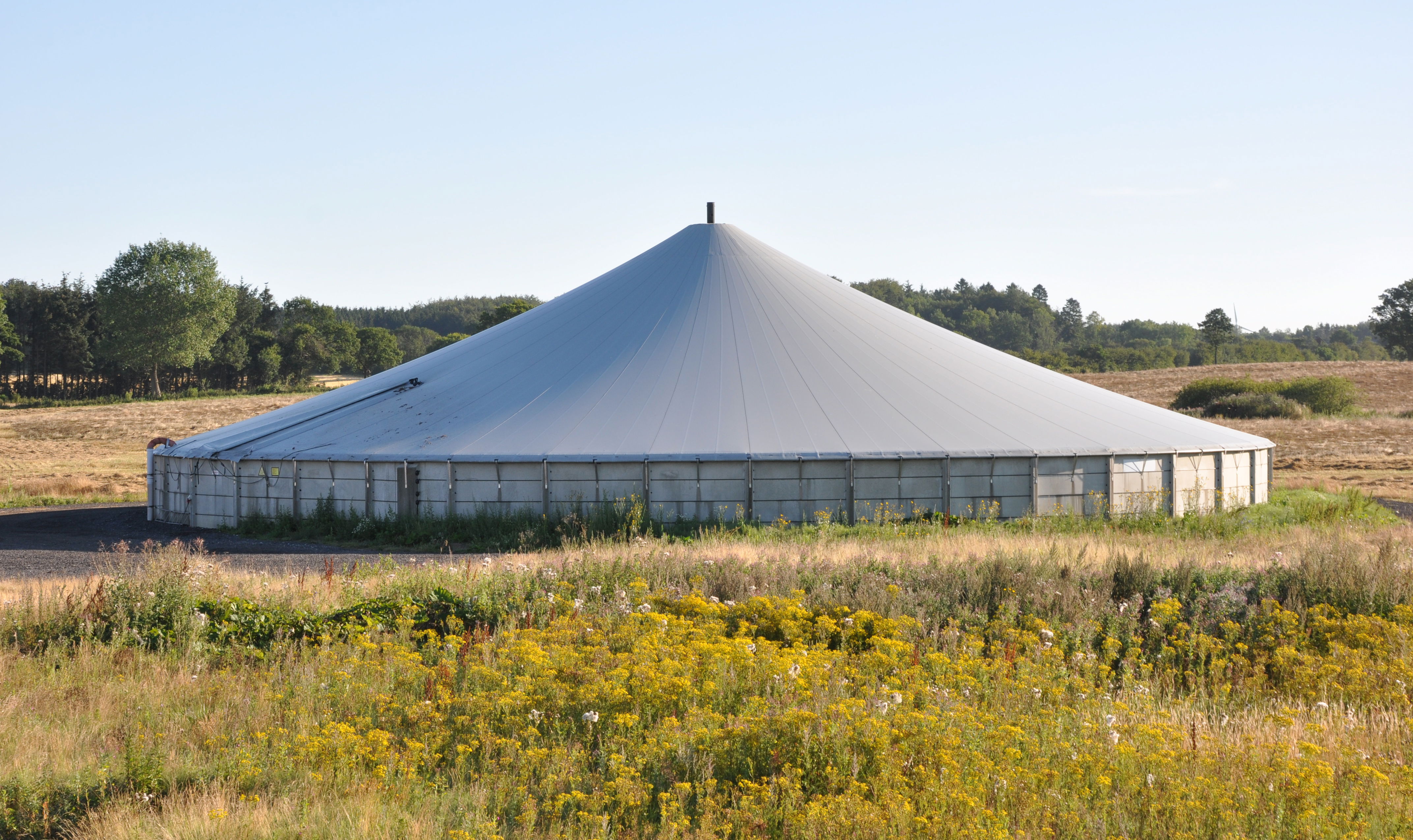 Gyllebeholder dækket med teltdug placeret i en mark med træer i baggrunden