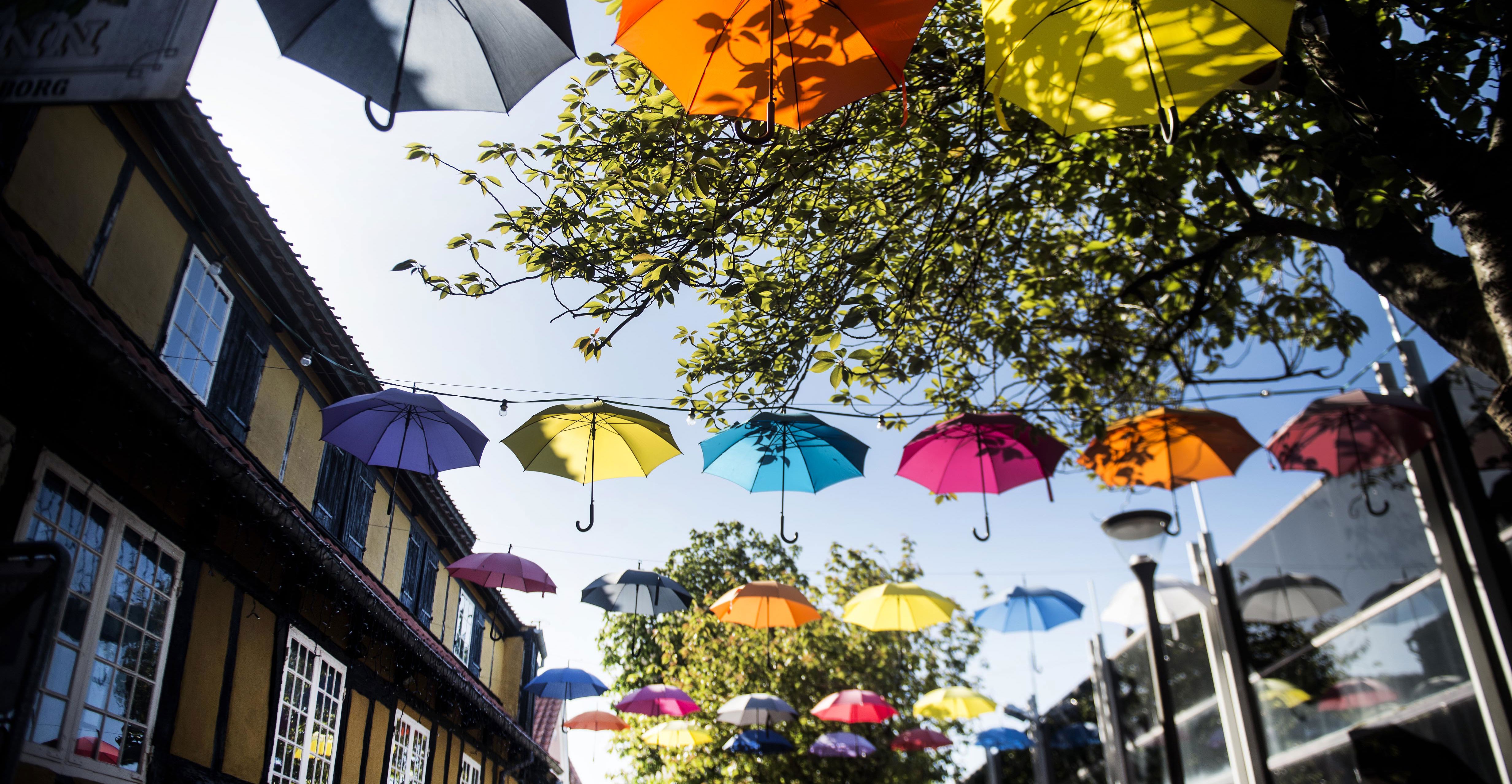 Paraplyer, der hænger i gågade