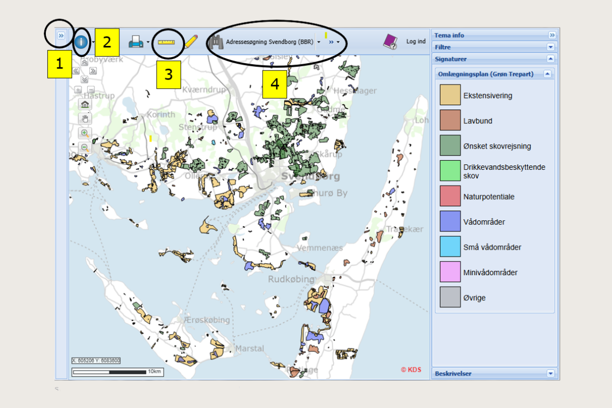 Skærmbillede af Kortinfo med forskellige værktøjet markeret med tal og cirker.