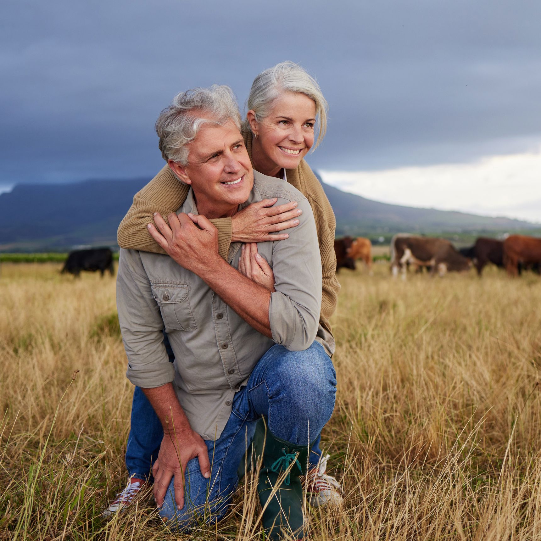 Ældre par i naturen med kvæg bagsig