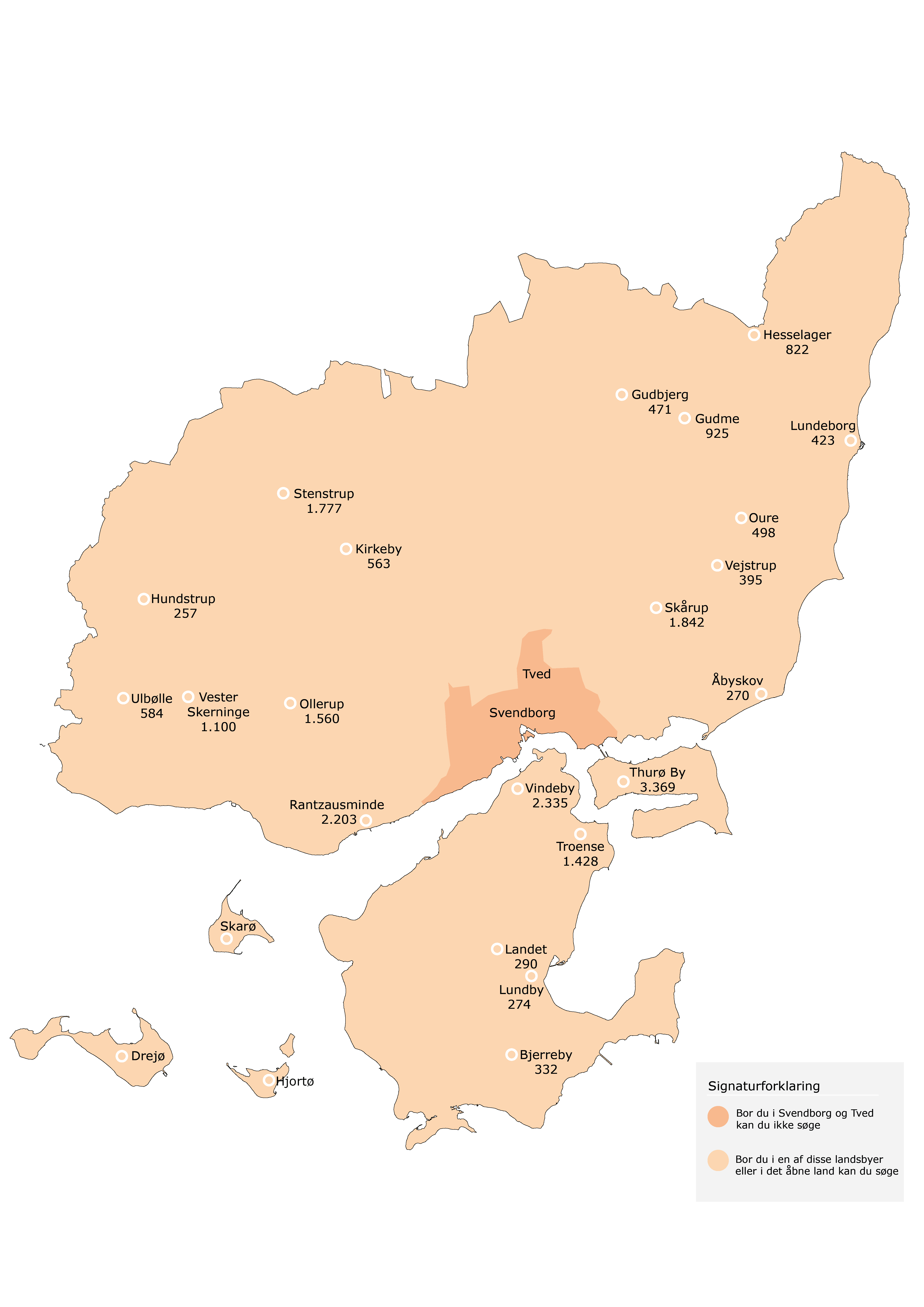 Oversigtskortet viser, hvilke landsbyer der er godkendt til bygningsfornyelsespuljen.