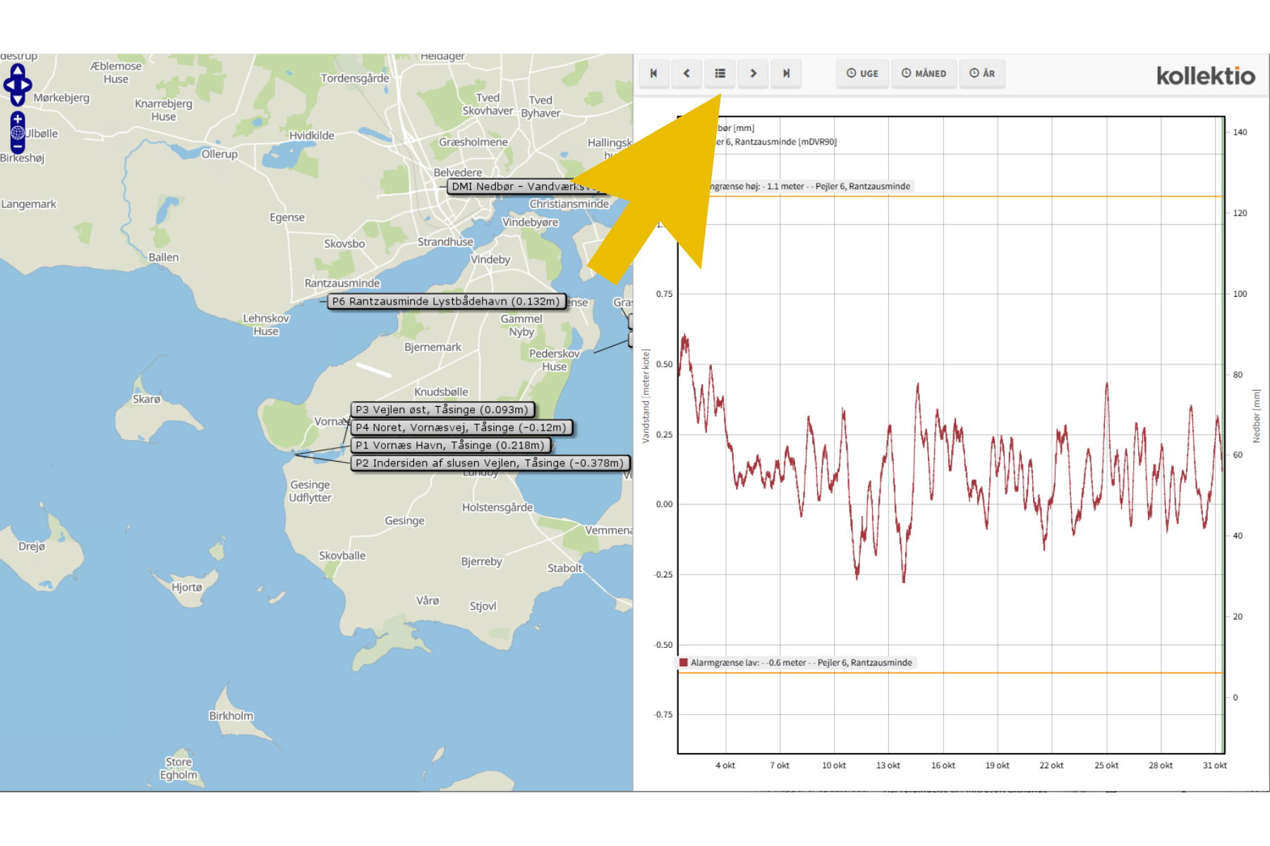 Klik på det lille burgerikon øverst, lidt til højre for midten. Den gule pil peger på ikonet.